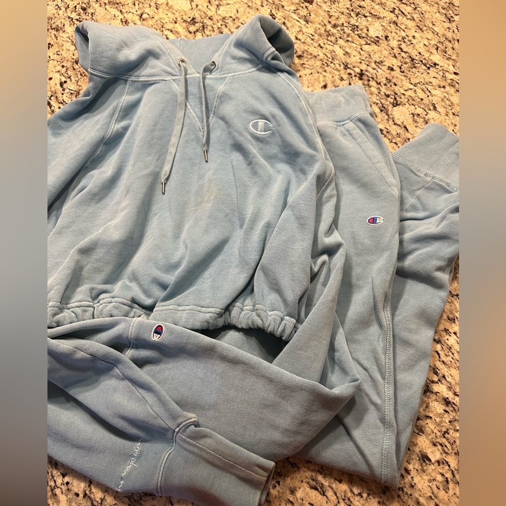 Champion Aqua Blue Cropped Hoodie & Sweatpants Large
